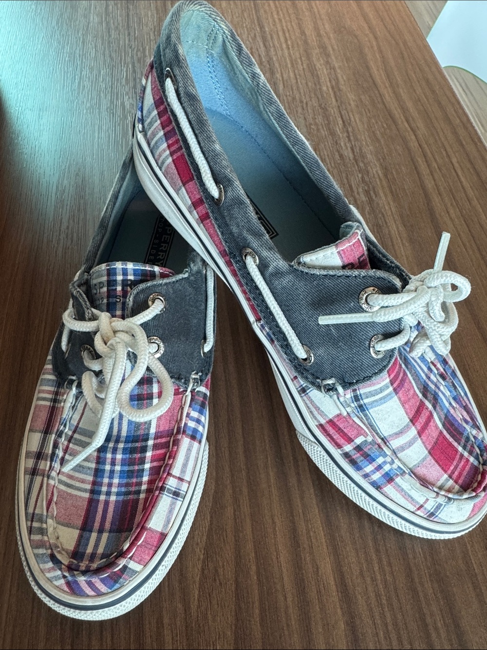 Sperry Plaid & Washed Denim Boat Shoes in Red, Blue, Gray